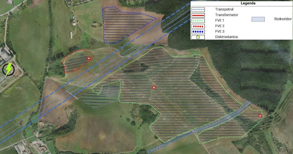 Mapa s umiestnením elektrárne. Naľavo sa nachádza elektrostanica v ľavom dolnom roku Šamarianka
