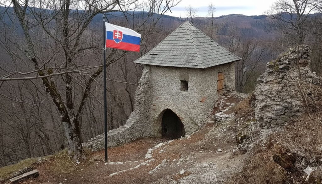Muránsky hrad - vstupná brána so stožiarom a vlajkou, stožiare